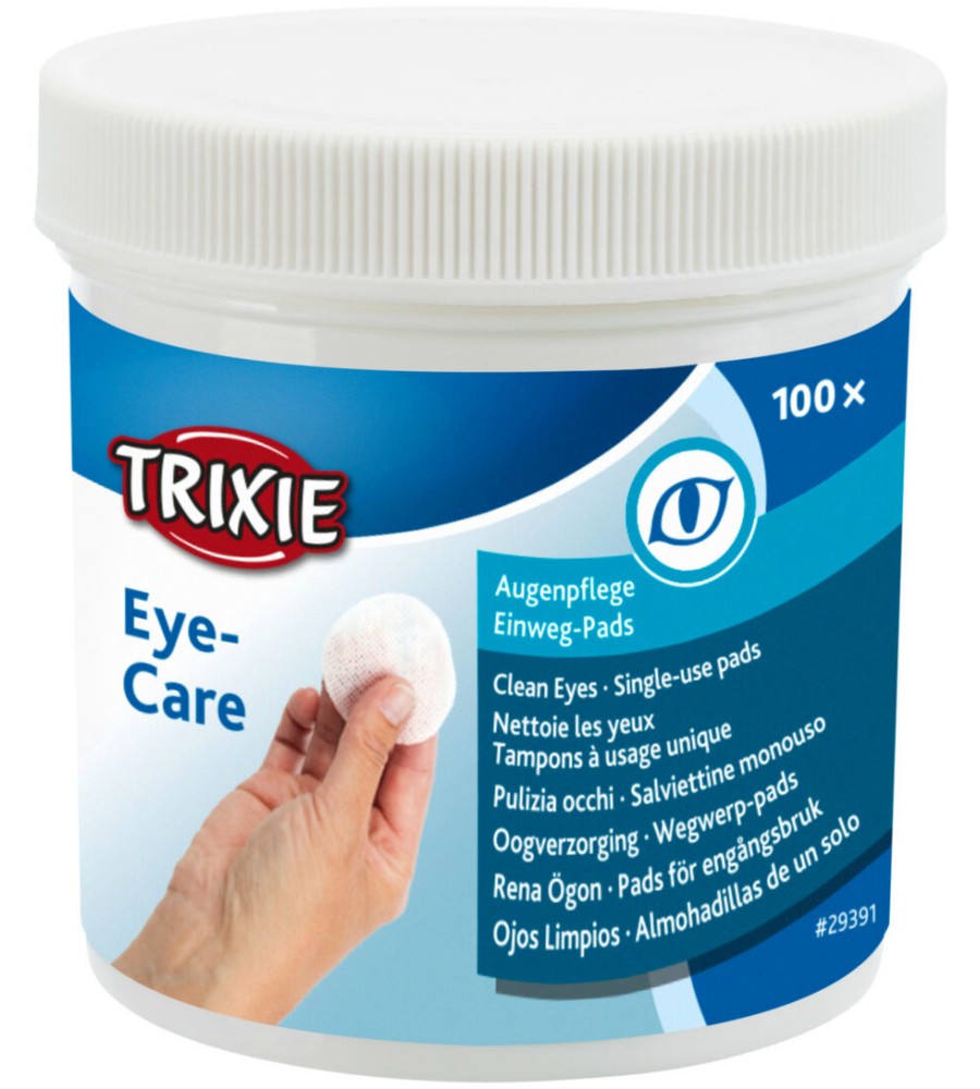 Почистващи тампони за очи за кучета и котки Trixie Почистващи тампони за очи за кучета и котки Trixie - 100 броя, с лосион от алое вера и провитамин B5 - продукт