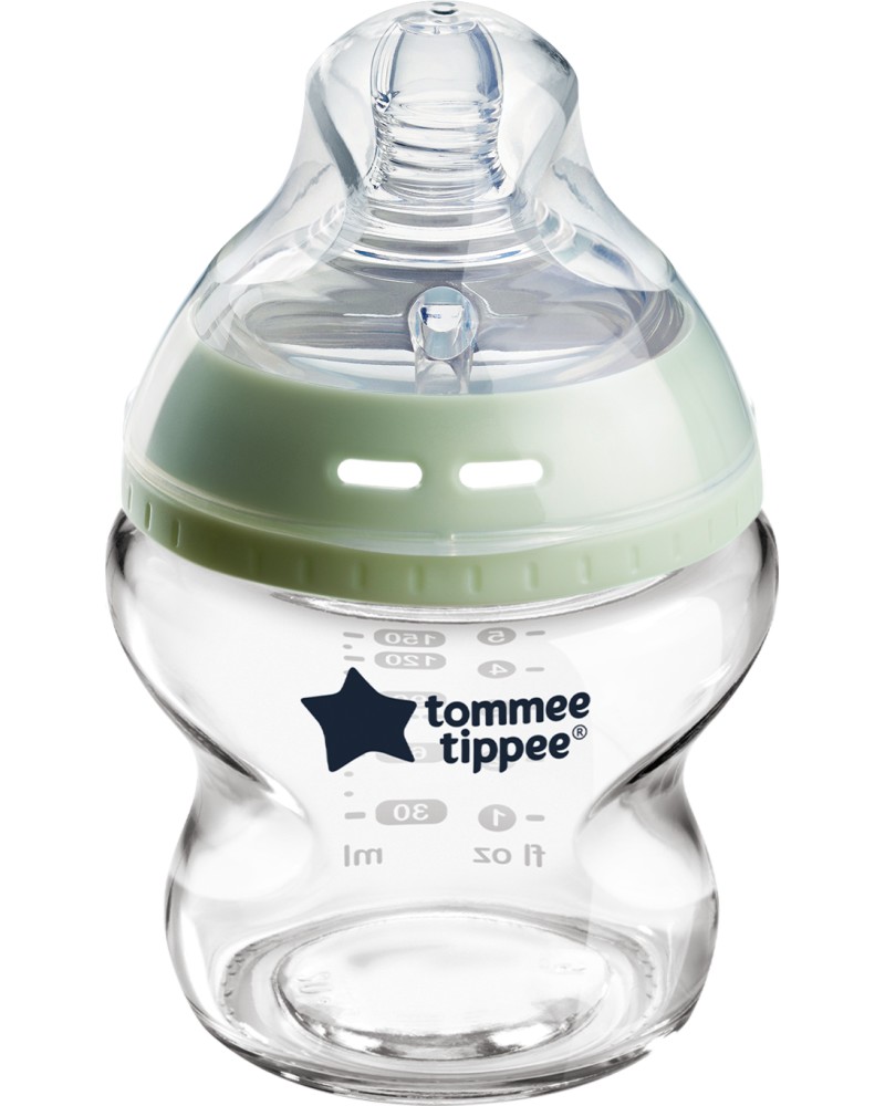 Самостерилизиращо се стъклено бебешко шише Tommee Tippee Самостерилизиращо се стъклено бебешко шише Tommee Tippee - 150 ml, от серията Natural Start, 0+ м - шише