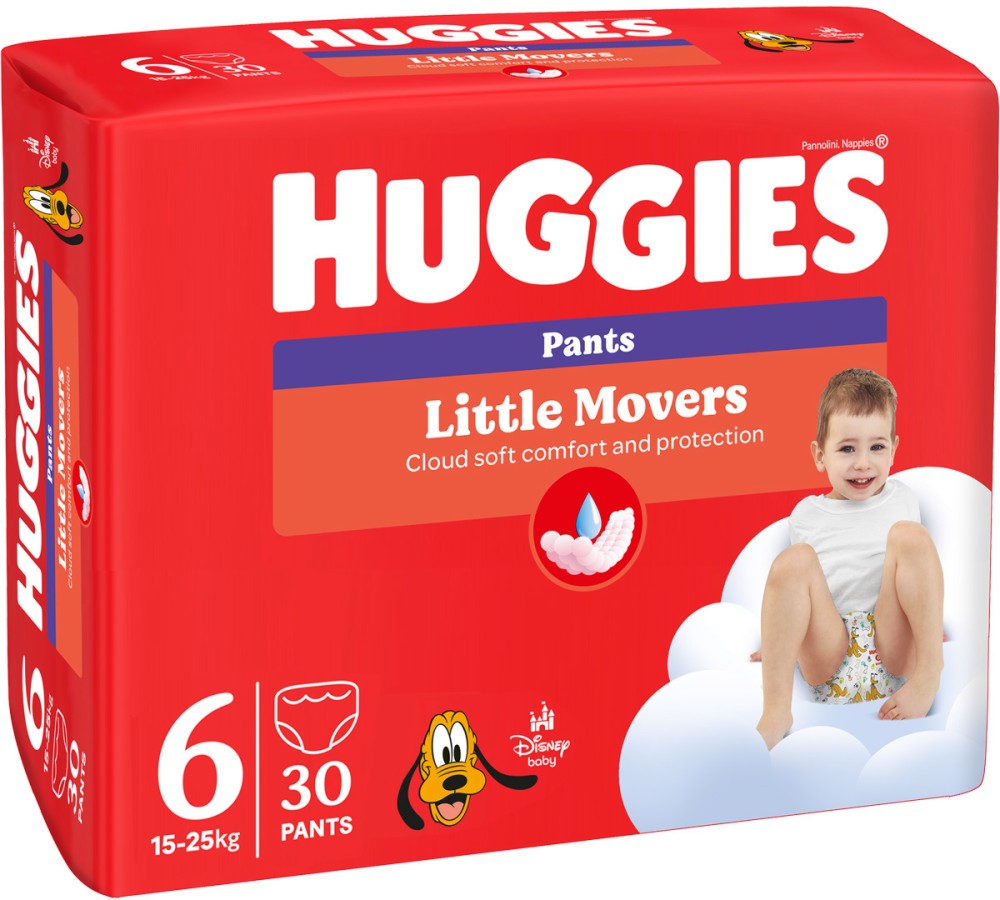Гащички Huggies Little Movers Pants 6 Гащички Huggies Little Movers Pants 6 - 30 броя, за бебета 15-25 kg, на тема Мики Маус и приятели - продукт