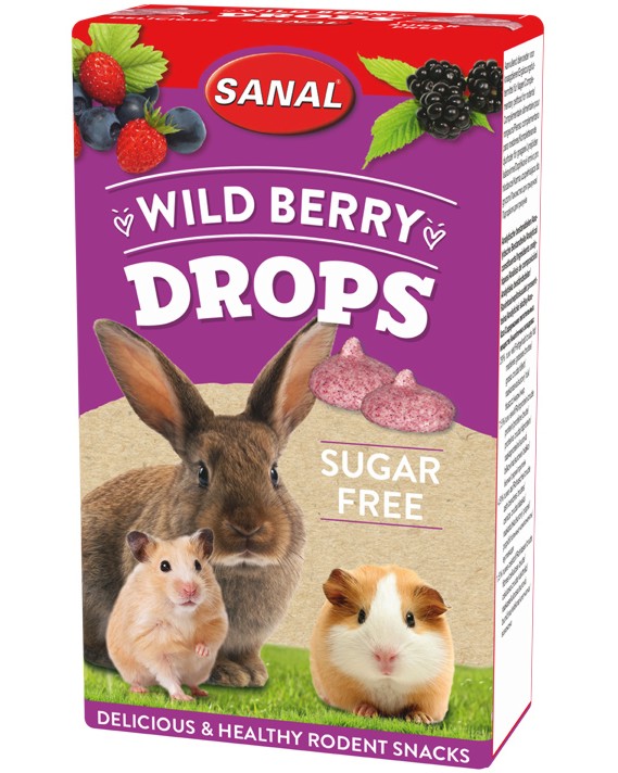 Лакомства за гризачи Sanal Wild Berry Drops Sugar Free Лакомства за гризачи Sanal Wild Berry Drops Sugar Free - 45 g, с горски плодове - храна