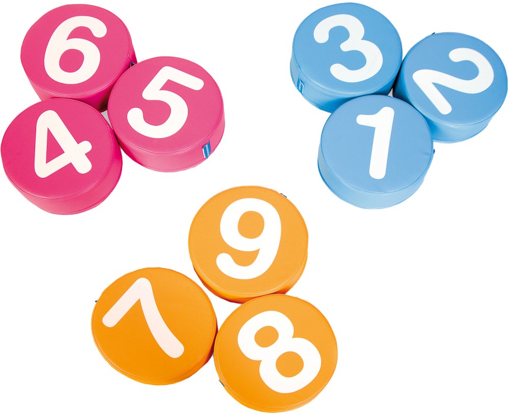 Меки форми за сядане и игра Nowa Szkola Меки форми за сядане и игра Nowa Szkola - 9 броя с цифри, ∅ 32 x 3 cm -