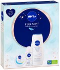 Подаръчен комплект Nivea Feel Soft - Душ крем, универсален крем и ролон - продукт